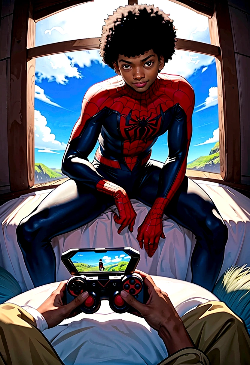 young 25 years old Miles Morales , standing alone, black boy, might, pretentious smile,, gazing at viewer, black afro hair, greeneyes, Miles Morales Spider-Man Costume , pampas scenery Rio Grande do Sul, blue sky, sitting position playing video games