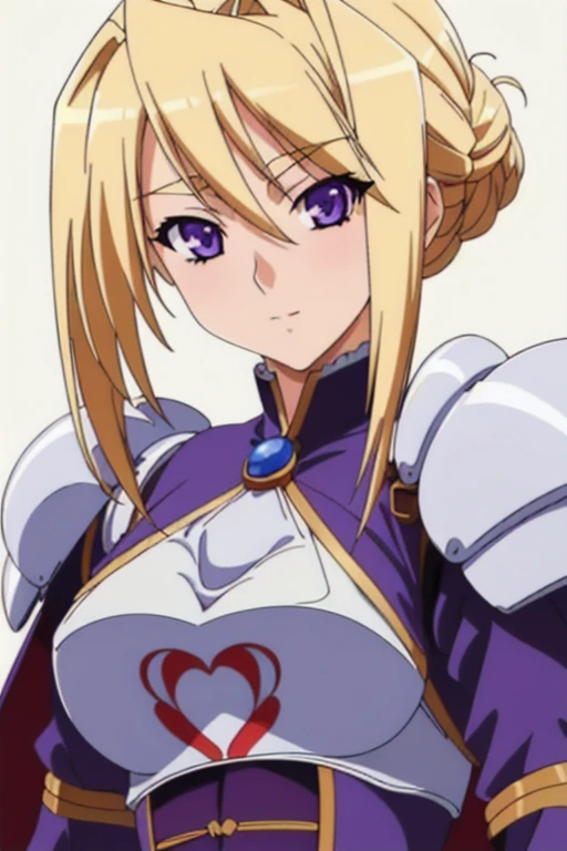 Simple White Background,
purple dress,blue outfit, red cape,white_gloves,belt,shoulder armor, armored,
blonde_hair,hair_between_eyes, purple_eyes,hair_bun,
1 girl, 20yo,Young female,Beautiful Finger,Beautiful long legs,Beautiful body,Beautiful Nose,Beautiful character design, perfect eyes, perfect face,expressive eyes,perfect balance,
looking at viewer,(Focus on her face),closed mouth, (innocent_big_eyes:1.0),Light_Smile,
official art,extremely detailed CG unity 8k wallpaper, perfect lighting,Colorful, Bright_Front_face_Lighting,shiny skin,
(masterpiece:1.0),(best_quality:1.0), ultra high res,4K,ultra-detailed,
photography, 8K, HDR, highres, absurdres:1.2, Kodak portra 400, film grain, blurry background, bokeh:1.2, lens flare, (vibrant_color:1.2),professional photograph,
(Beautiful,large_Breasts:1.4), (beautiful_face:1.5),(narrow_waist),