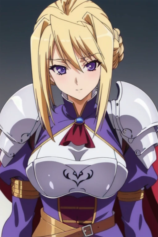 Simple White Background,
purple dress,blue outfit, red cape,white_gloves,belt,shoulder armor, armored,
blonde_hair,hair_between_eyes, purple_eyes,hair_bun,
1 girl, 20yo,Young female,Beautiful Finger,Beautiful long legs,Beautiful body,Beautiful Nose,Beautiful character design, perfect eyes, perfect face,expressive eyes,perfect balance,
looking at viewer,(Focus on her face),closed mouth, (innocent_big_eyes:1.0),Light_Smile,
official art,extremely detailed CG unity 8k wallpaper, perfect lighting,Colorful, Bright_Front_face_Lighting,shiny skin,
(masterpiece:1.0),(best_quality:1.0), ultra high res,4K,ultra-detailed,
photography, 8K, HDR, highres, absurdres:1.2, Kodak portra 400, film grain, blurry background, bokeh:1.2, lens flare, (vibrant_color:1.2),professional photograph,
(Beautiful,large_Breasts:1.4), (beautiful_face:1.5),(narrow_waist),