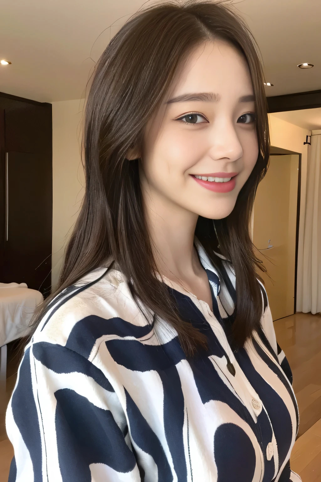 seed:2020674263.((Full body angle:1.1)).((Highest quality, 8K, masterpiece:1.3)), ((from below:1.1)).concentrated:1.2, Perfect body beauty:1.4, Hips:1.2, ((Delicate Hair)), (Colorful button-through crop shirt :1.1) , ((Highest quality、8k、masterpiece:1.3))、1 Girl、A sloppy smile、Esbian all over、Slim face、Big Boobs、Beautiful woman、(Dark Brown Hair)、Long Hair、1.1、Flickering Valley、Detailed eyes、double eyelid、Blurred Background、超Slim face、Smile、Looking down、stroll、