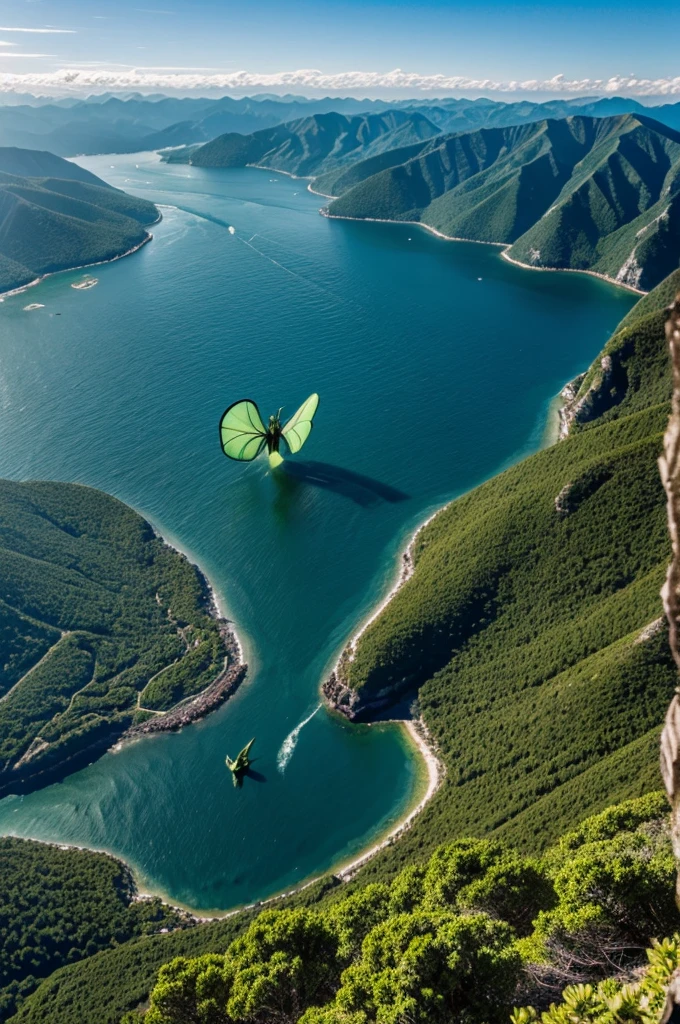 A giant green sea butterfly with large fangs stood on a mountain.