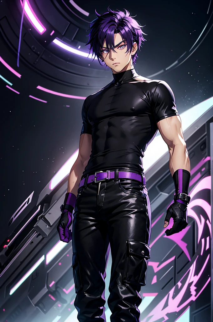 anime protagonist, de corpo inteiro, purple hair, cold stare, purple eye with neon purple glow, half slanted eye, cold expression, big male hair, black hair with purple tips, character wearing black t-shirt, leather-like pants, using 2 belts, one on each side of the legs, to secure the revolver, using black military fighter, and boots