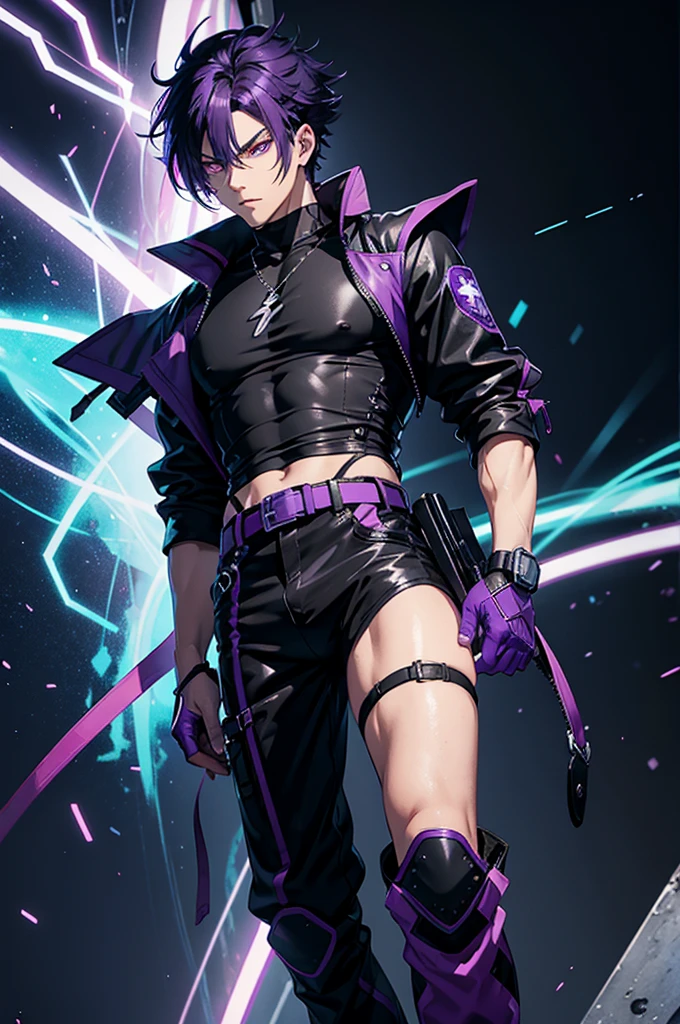 anime protagonist, de corpo inteiro, purple hair, cold stare, purple eye with neon purple glow, half slanted eye, cold expression, big male hair, black hair with purple tips, character wearing black t-shirt, leather-like pants, using 2 belts, one on each side of the legs, to secure the revolver, using black military fighter, and boots