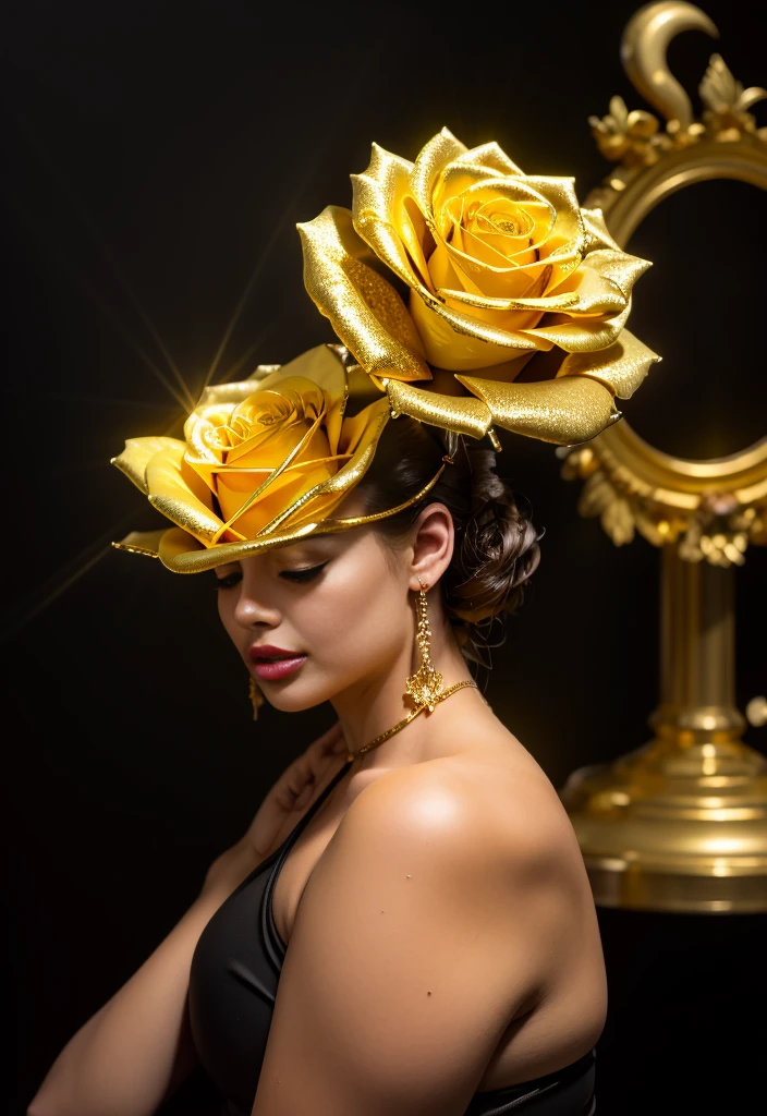 Create a bud of dark gray and gold roses filled with yellow light emanating all around