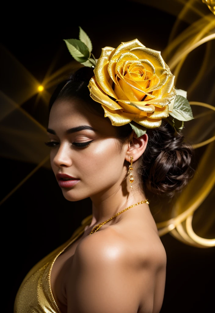 Create a bud of dark gray and gold roses filled with yellow light emanating all around