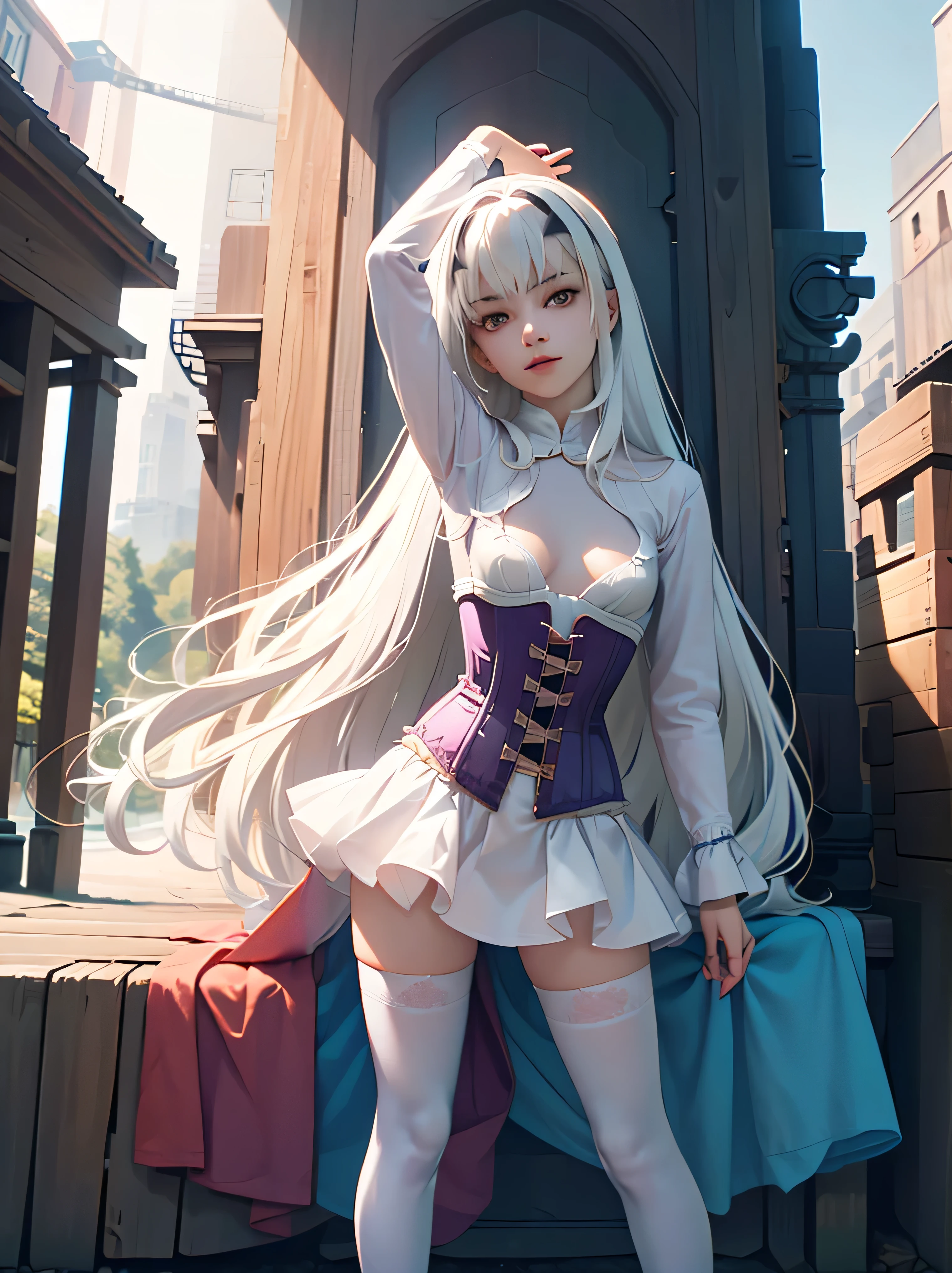 ((absurdres)), hd, uhd, (((HDR))), ((best quality)), (ultra high quality), (hi-res), realistic, ((1girl)), solo, alone, melusine, thin, short, (blood orange eyes), ((long white hair)), sidelocks, (forked eyebrows), cute face, ((light purple dress)), dress, ((small breasts)), (((corset))), frills, long sleeves, white thighhighs, zettai ryouiki, (thin legs), ((looking at viewer)), ((dynamic pose)), hips tilted, leg behind, arm out, lean, fairy forest city, outside, forest buildings, sidewalk, cobblestone, trees, daytime, additional lighting, sunlight on face, noon, bright sun, forest scenery, doortoinfinity, (five fingers), ((full body))