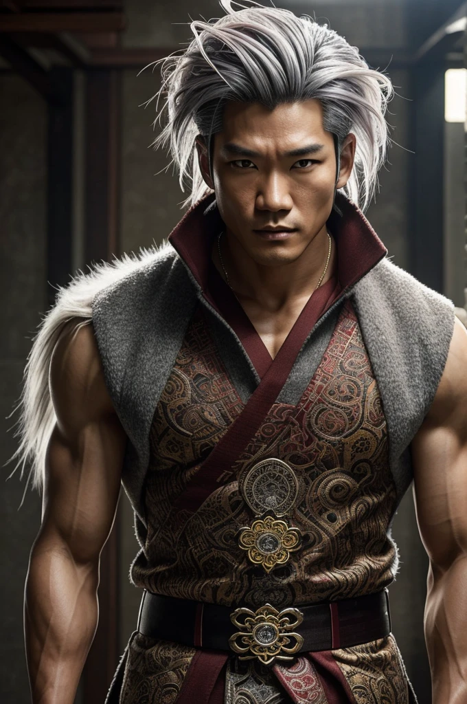 Takeshi is tall and muscular, with an intense and unique look. His hair is distinctive, with white roots that gradually transform into a dark gray tone similar to smoky quartz. One of his eyes is amber, while the other is a dark red tone like spinel. He wears a beige haori with intricate patterns that evoke a sense of mystery and chaos.