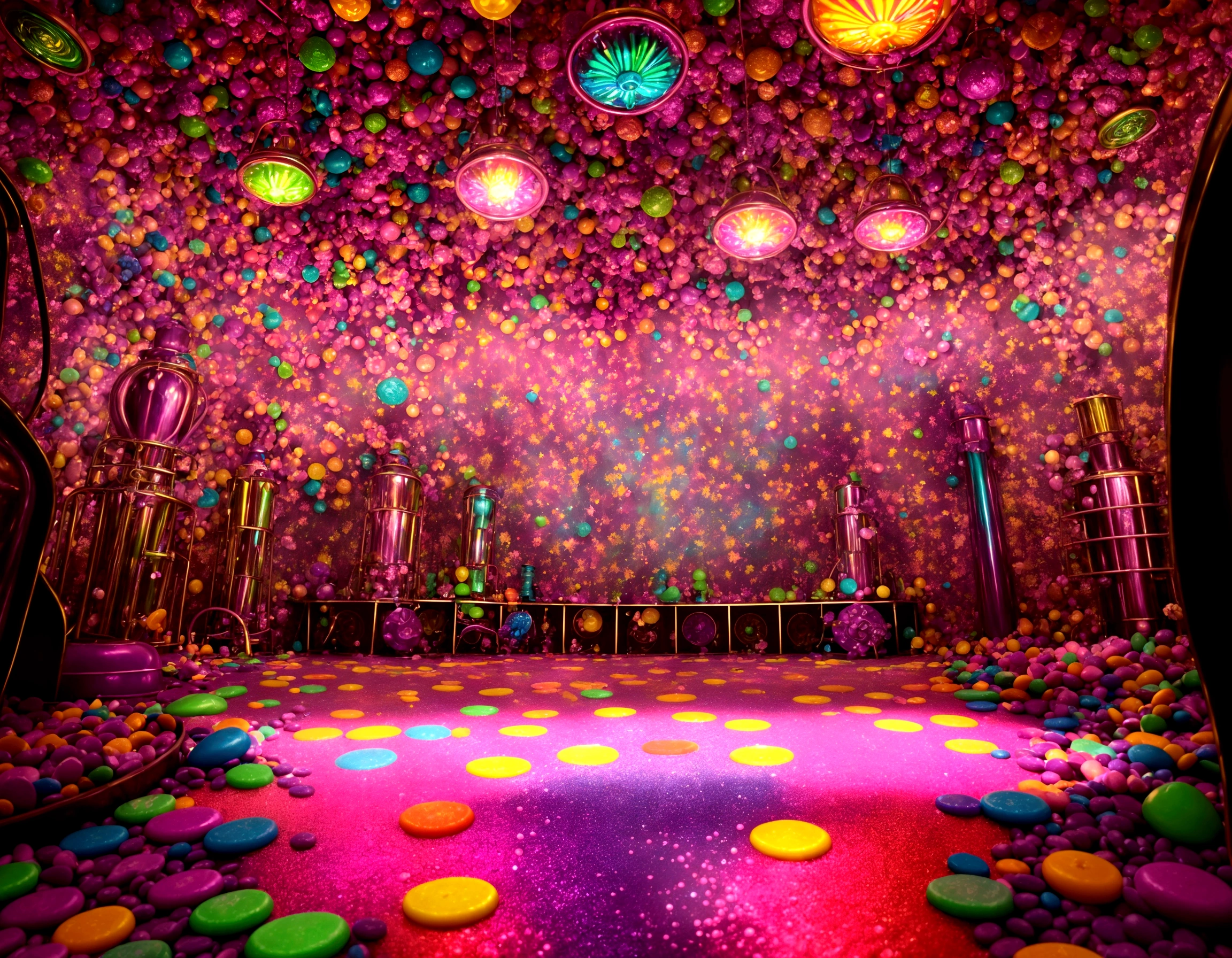 Imagine Mr. Wonka's secret candy lab: swirling psychedelic machines hum softly amid a kaleidoscope of colors. A gum machine brims with glowing test tubes, each bubbling with exotic flavors. Shadows dance playfully as candies of every shape and size gleam under vibrant, magical lights. change pink for blue