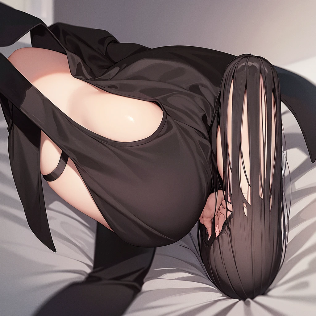 black Nun clothes, huge waist, solo, on bed, leaning down on back