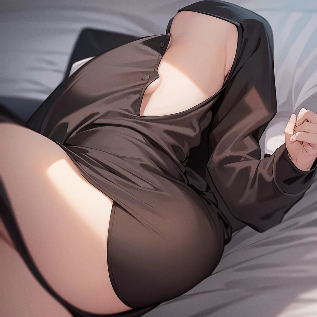 black Nun clothes, huge waist, solo, on bed, leaning down on back