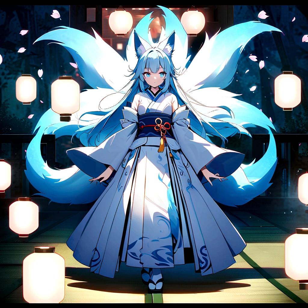 fox Light blue hair beast girl indigo fur fox beast girl fox Light blue hair beast girl indigo fur fox beast girl Wallpaper 4k,8k,highly detailled,,vivid colors,detailed kitsune with 9 tails,traditional Japanese artwork,tatami floor,beautiful cherry blossoms,floating lanterns,dark silhouette of a pagoda,subtle moonlight,dense forest,ethereal atmosphere,dappled sunlight,whimsical spirit,serene expression,elaborate kimono and obi,delicate hand-painted details,luminous eyes Anime Style fox blue White-faced golden-haired nine-tailed fox Coat blue mysterious background Blue Flame girl have a ball of light Anime Style fox blue White-faced golden-haired nine-tailed fox Coat blue mysterious background Blue Flame girl have a ball of light