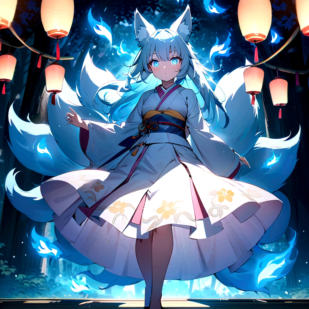 fox Light blue hair 　beast girl　indigo fur　fox beast girl　fox Light blue hair 　beast girl　indigo fur　fox beast girl　Wallpaper 4k,8k,highly detailled,,vivid colors,detailed kitsune with 9 tails,traditional Japanese artwork,tatami floor,beautiful cherry blossoms,floating lanterns,dark silhouette of a pagoda,subtle moonlight,dense forest,ethereal atmosphere,dappled sunlight,whimsical spirit,serene expression,elaborate kimono and obi,delicate hand-painted details,luminous eyes　Anime Style　fox　blue　White-faced golden-haired nine-tailed fox　Coat blue　　　mysterious background　Blue Flame　girl　have a ball of light Anime Style　fox　blue　White-faced golden-haired nine-tailed fox　Coat blue　　　mysterious background　Blue Flame　girl　have a ball of light