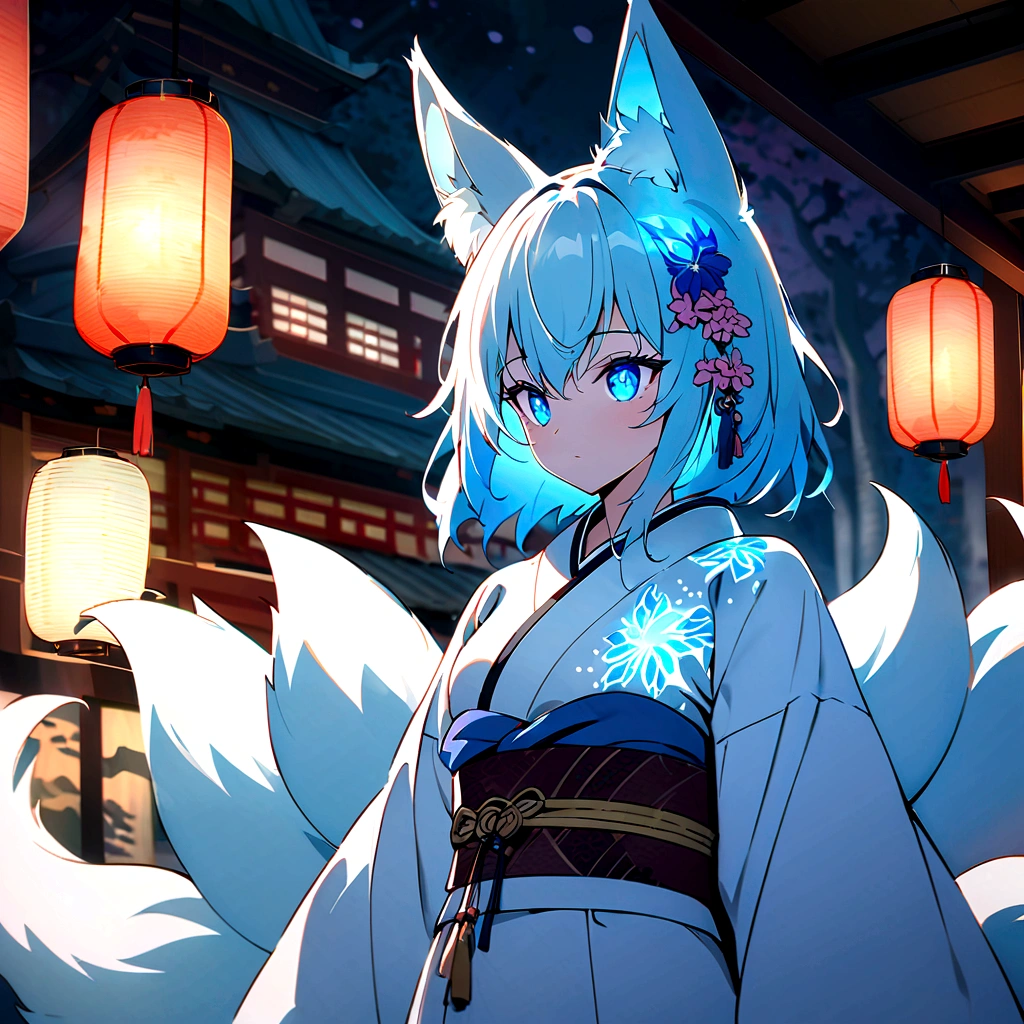 fox Light blue hair 　beast girl　indigo fur　fox beast girl　fox Light blue hair 　beast girl　indigo fur　fox beast girl　Wallpaper 4k,8k,highly detailled,,vivid colors,detailed kitsune with 9 tails,traditional Japanese artwork,tatami floor,beautiful cherry blossoms,floating lanterns,dark silhouette of a pagoda,subtle moonlight,dense forest,ethereal atmosphere,dappled sunlight,whimsical spirit,serene expression,elaborate kimono and obi,delicate hand-painted details,luminous eyes　Anime Style　fox　blue　White-faced golden-haired nine-tailed fox　Coat blue　　　mysterious background　Blue Flame　girl　have a ball of light Anime Style　fox　blue　White-faced golden-haired nine-tailed fox　Coat blue　　　mysterious background　Blue Flame　girl　have a ball of light