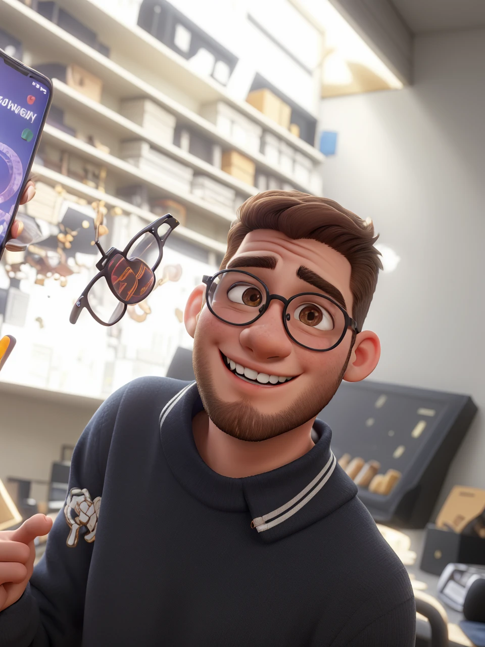 a 23 year old boy , with brown hair cut in a gradient style ,with beard , Round glasses , Black Costume, smiling,with a happy look , brown dark eyes,in cell phone technical assistance, sentado em uma cadeira gamer , highly real, ultra HD, Bright dark, Super detailed with several tools