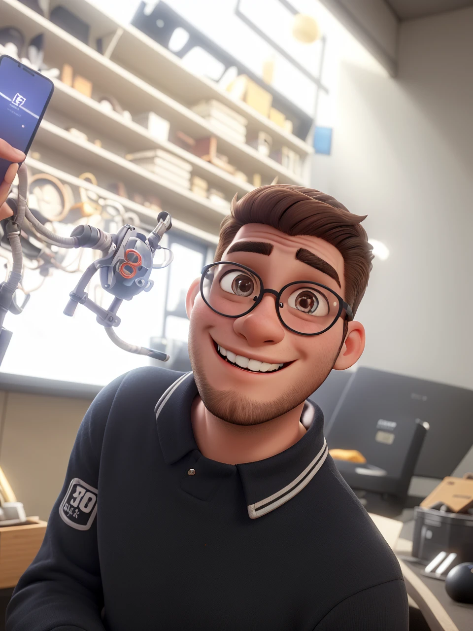 a 23 year old boy , with brown hair cut in a gradient style ,with beard , Round glasses , Black Costume, smiling,with a happy look , brown dark eyes,in cell phone technical assistance, sentado em uma cadeira gamer , highly real, ultra HD, Bright dark, Super detailed with several tools