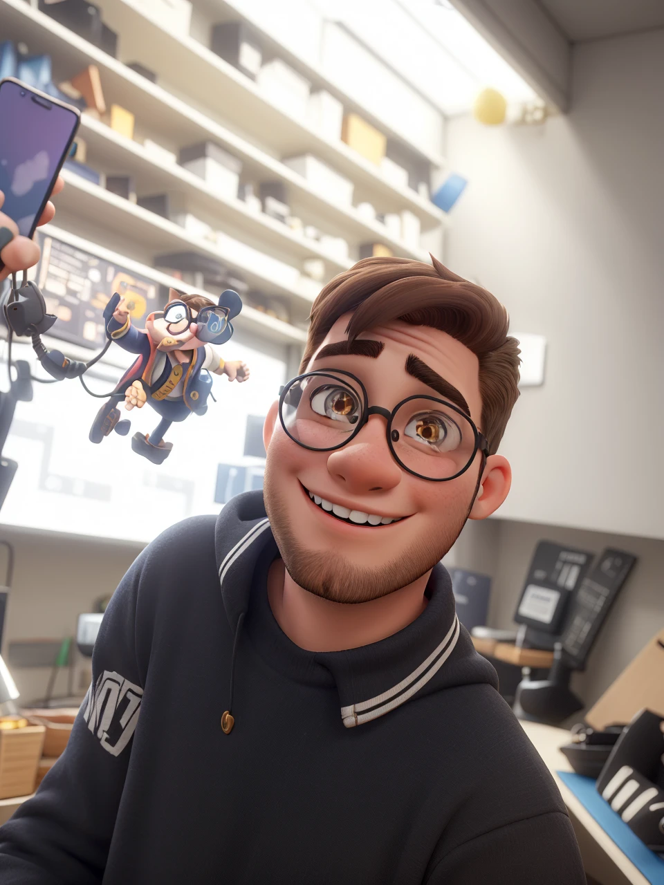 a 23 year old boy , with brown hair cut in a gradient style ,with beard , Round glasses , Black Costume, smiling,with a happy look , brown dark eyes,in cell phone technical assistance, sentado em uma cadeira gamer , highly real, ultra HD, Bright dark, Super detailed with several tools
