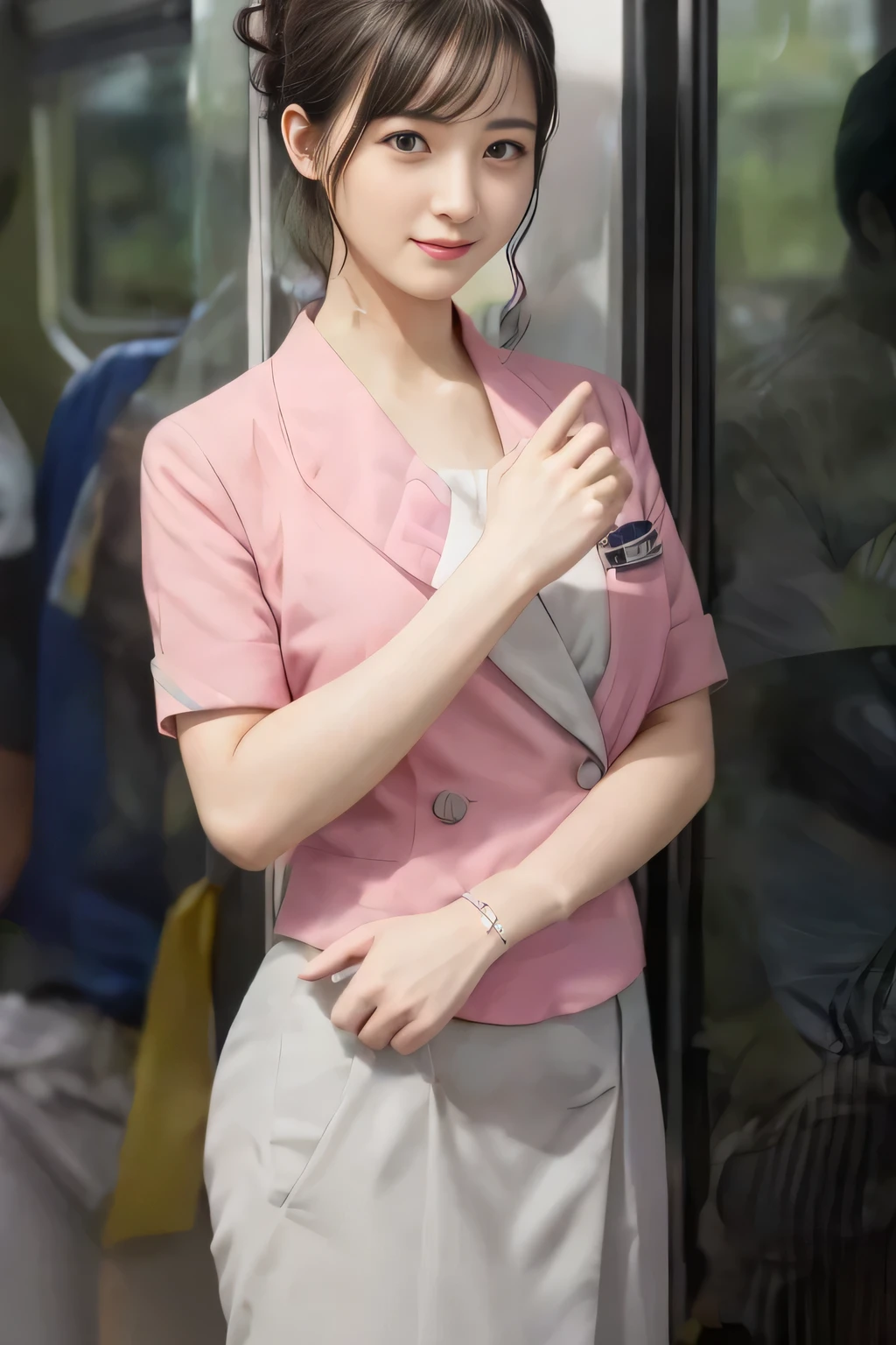 (masterpiece:1.2, Highest quality:1.2), 32k HDR, High resolution, (alone、1 girl)、 (Height: 160cm)、(On the rooftop of a building in the daytime、Professional Lighting)、Building rooftop background、(Nankai train crew uniform pinkを着たリアルスタイル)、(Nankai train crew uniform pink short sleeve collarless pink jacket、Nankai Train Crew Uniform Pink Collarless Short Sleeve Blouse、Nankai Train Crew Uniform Pink Grey Knee-length Culottes)、(The pink jacket is showing from the culottes.)、Dark brown hair、(Hair tied up、Hair tied up、Evening curly hairstyle)、Dark brown hair、Long Shot、Big Breasts、Thin legs、((Great hands:2.0)),((Harmonious body proportions:1.5)),((Normal limbs:2.0)),((Normal finger:2.0)),((Delicate eyes:2.0)),((Normal eyes:2.0)))、smile、(Nankai Train Crew Uniform Pink Grey Knee-length Culottesを見せた美しい歩く姿)、Place your hands around your stomach、Lanyard employee ID card