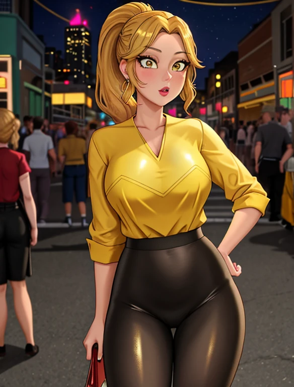 (best quality:1.3), (4K quality),masterpiece, best quality, high res, detailed, (Detailed face:1.2), (Detailed eyes:1.2), (Hourglass figure:1.2), 1girl, solo, 36-years-old, tan olive skin, short blonde hair, pony tail style, emerald eyes, eyeshadow, mascara, red lipstick, ((Wearing a yellow blouse, shiny black leggings)), standing outside on Los Angeles streets, people in the surroundings, busy atmosphere, cinematic lighting, detailed background,
