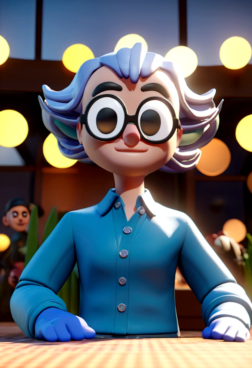 Cartoon character of a man in black glasses and blue shirt, an animated character, stylized character, animation style rendering, 3d stylized, Arnold Maya rendering, Stylized 3D rendering, toon render screenshot, 3d character, 3d character, Stylized 3D rendering, 3D character rendering, cartoon character, Personagem de close up, character posing, (Pixar-style) (master part:1.2) (bokeh) (best qualityer) (skin detailed) (detailed texture) (8K) (Argilla) (cinematic lighting) (sharp focus，Sit down and lift your upper body