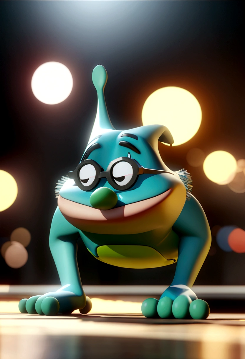 Cartoon character of a man in black glasses and blue shirt, an animated character, stylized character, animation style rendering, 3d stylized, Arnold Maya rendering, Stylized 3D rendering, toon render screenshot, 3d character, 3d character, Stylized 3D rendering, 3D character rendering, cartoon character, Personagem de close up, character posing, (Pixar-style) (master part:1.2) (bokeh) (best qualityer) (skin detailed) (detailed texture) (8K) (Argilla) (cinematic lighting) (sharp focus，Sit down and lift your upper body