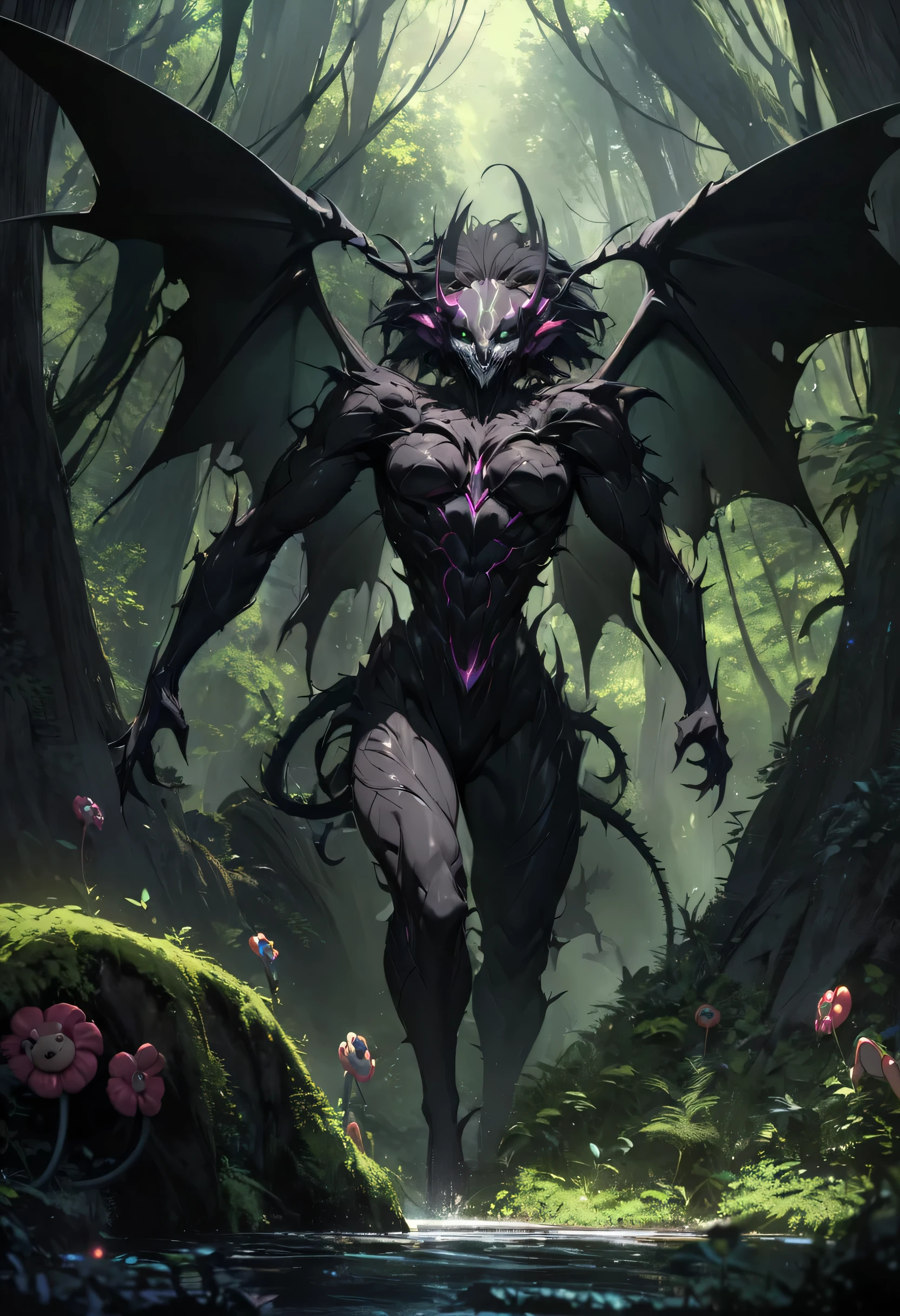 The evil biggest Chimera emerges from the deep forest, background Abyssal Forest, in the forest. perfect anatomy, masterpiece, best quality, 16k, beautiful detailed darkness, daydreaming expression.