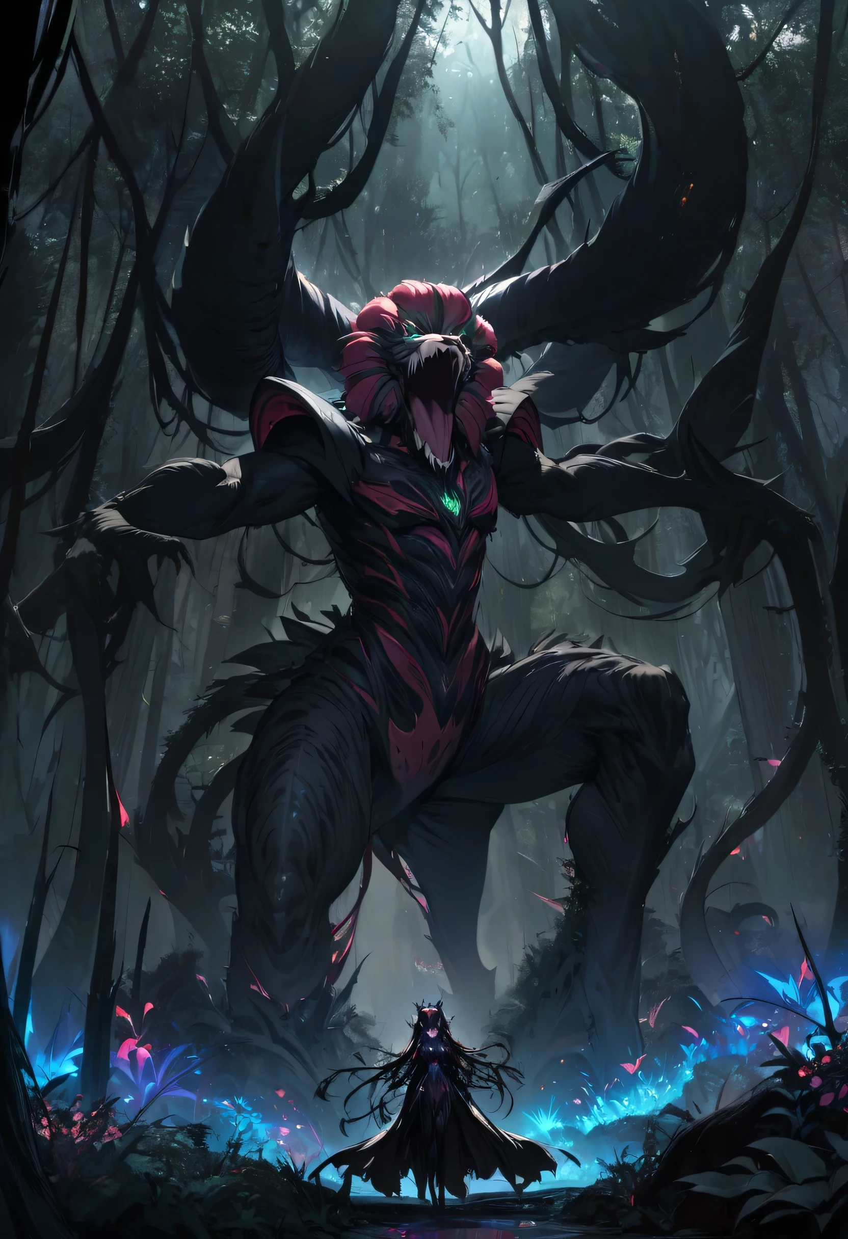 The evil biggest Chimera emerges from the deep forest, background Abyssal Forest, in the forest. perfect anatomy, masterpiece, best quality, 16k, beautiful detailed darkness, daydreaming expression.