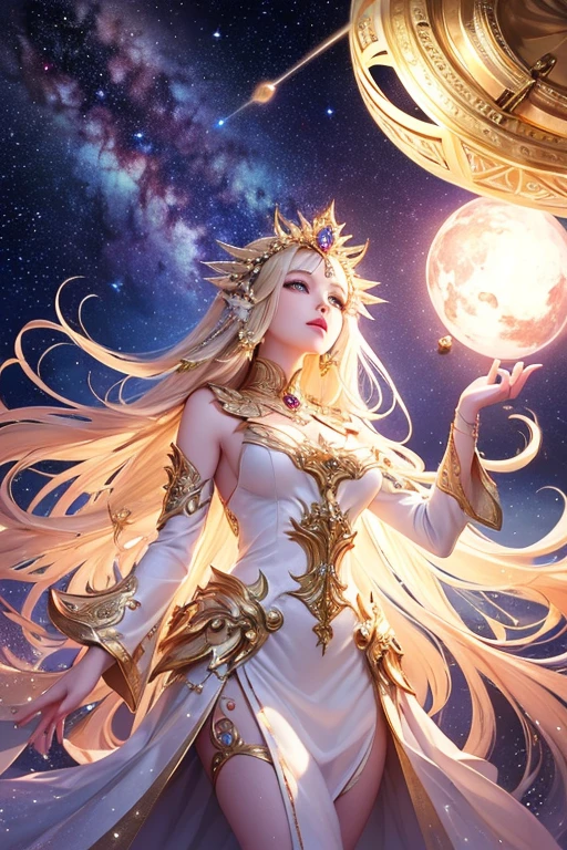 (masterpiece、Highest quality、High resolution、8K、16K)、((Alone in space、Beautiful Goddess、Standing posture、フローティング  the sky like a star))、((whole body))、Golden Cape、White long dress、No sleeve、Adorned with vibrant jewels、Gold Bracelet、Blonde middle、Beautiful brown eyes、A kind smile、Mouth closed、Elegant and detailed face、Graceful operation、Place one hand under your chest、Professional Lighting、The universe is full of light、Countless stars and nebulae、