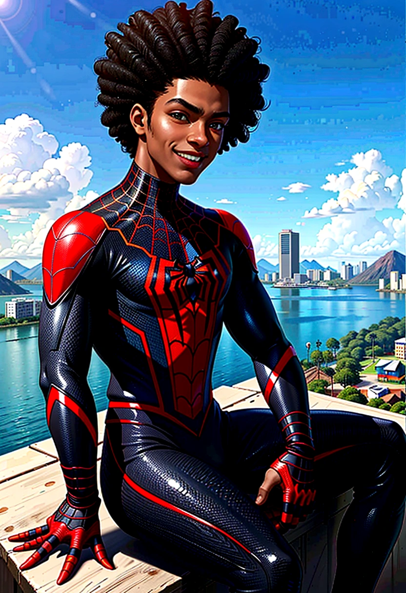 young 25 years old Miles Morales , standing alone, black boy, might, pretentious smile,, gazing at viewer, black afro hair, greeneyes, Miles Morales Spider-Man Costume , pampas scenery Rio Grande do Sul, blue sky, sitting position playing video games ,((game boy advanced on the scene))