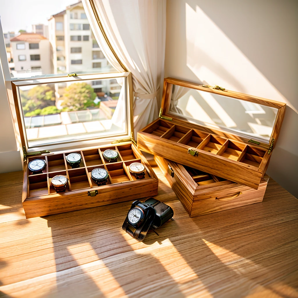 In this cozy room，A ray of sunlight shone through the half-drawn curtains on the table，Let the wood grain on the watch storage box shine with a faint luster。There was a calm and peaceful atmosphere in the air around them。There are several still lifes hanging on the walls of the room，It adds a touch of elegance to the space。And on the other side of the room，The half-open window lets in the breeze，The pages on the small desk by the window turned in the wind，This quiet scene gives a sense of tranquility and comfort。

