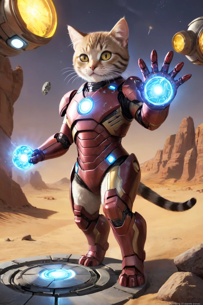 small, There are no humans in this world、The world of anthropomorphized cats、Iron Man Mark1Wearing a suit、Iron Man Mark1、prototype、The arc reactor emits blue light、desert、かわいいbornき物全身, Costumes,、 Fantasy art, Exquisite detail, An anthropomorphic, fat, furry tabby kitten with yellow eyes, Movie Scenes, Dramatic shot angles, , Realistic, born々Amazing cinematic photorealism, Action Portrait, 8K, detailed, Full Frame