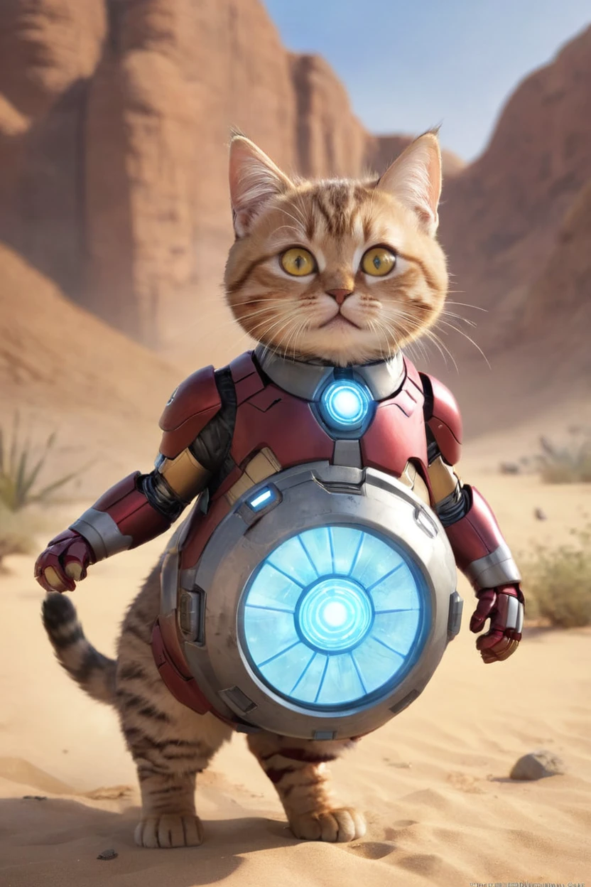 small, There are no humans in this world、The world of anthropomorphized cats、Iron Man Mark1Wearing a suit、Iron Man Mark1、prototype、The arc reactor emits blue light、desert、かわいいbornき物全身, Costumes,、 Fantasy art, Exquisite detail, An anthropomorphic, fat, furry tabby kitten with yellow eyes, Movie Scenes, Dramatic shot angles, , Realistic, born々Amazing cinematic photorealism, Action Portrait, 8K, detailed, Full Frame