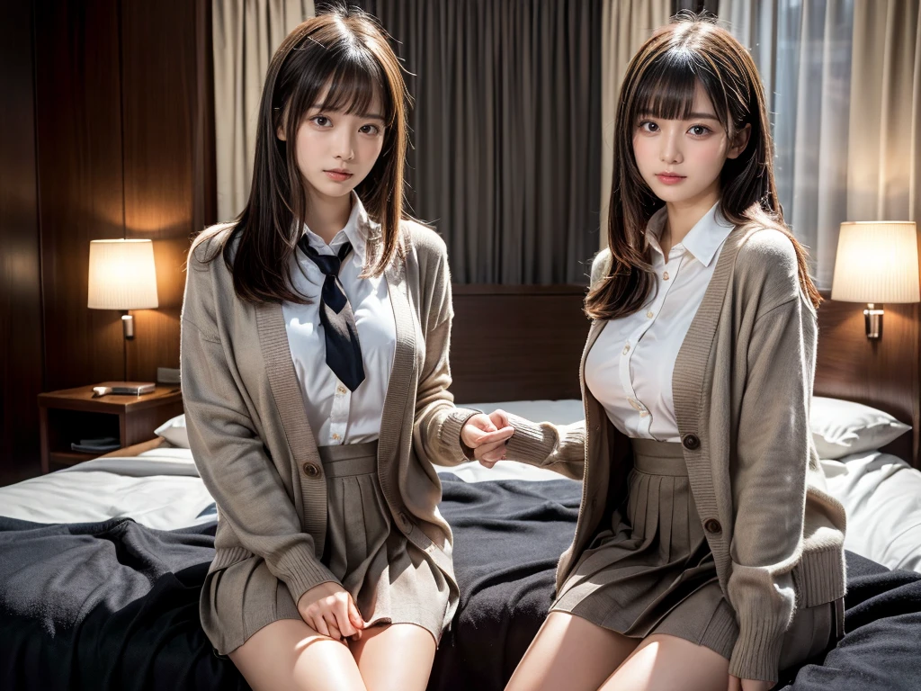 (RAW photo, 4k, masterpiece, high resolution, extremely complex) (realistic: 1.4),
((2 girls)),,blushing,((innocent)),bright eyes,round eyes,blunt bangs,(straight hair:1.3),black hair,medium breasts,wide hips,, 15 year old girl、cute type、ta, (Best Quality), (Highres), (an Extremely Delicate and Beautiful),(Beautiful 8k face),(Brown eyes),short bob hair,( spectators),(medium breasts),(Play with each other,Touching each other's bodies,Touching the body), (detailed cloth texture, long sleeves light brown cardigan:1.2, white collared shirt, light grey pleated skirt), white thigh-high, dark red tie, (reality),bright lighting,(The background is a luxury hotel room)