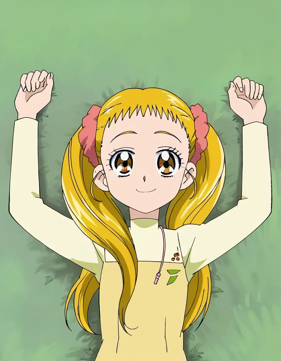 Kasugano Urara, blonde hair, twintails, pink scrunchie, brown eyes, high quality, solo, lying, on back, arms up, spread arms, closed mouth, on grass, (cowboy shot:1.5), looking at viewer, smile, best quality,