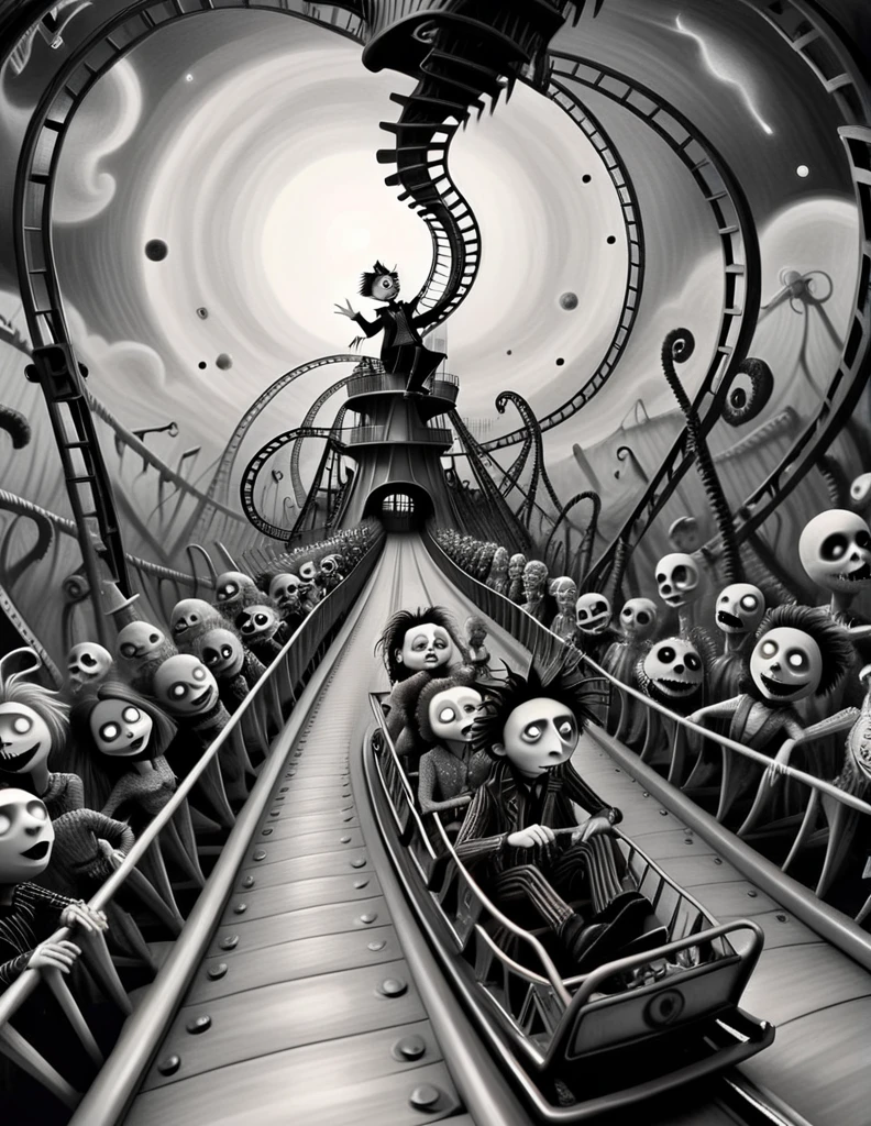 monochrome (pencil scektch:1.1),In a Tim Burton-esque carnival of the bizarre, a rollercoaster twists and turns in impossible angles, defying the laws of physics. Onboard, peculiarly dressed riders wear outfits adorned with mind-bending geometry patterns. As the rollercoaster zooms through loops and corkscrews, the patterns seem to morph and dance, creating a psychedelic spectacle that blurs the line between reality and delirium.,(hand drawn with pencil:1.15), (tim burton style:1.27), ,
