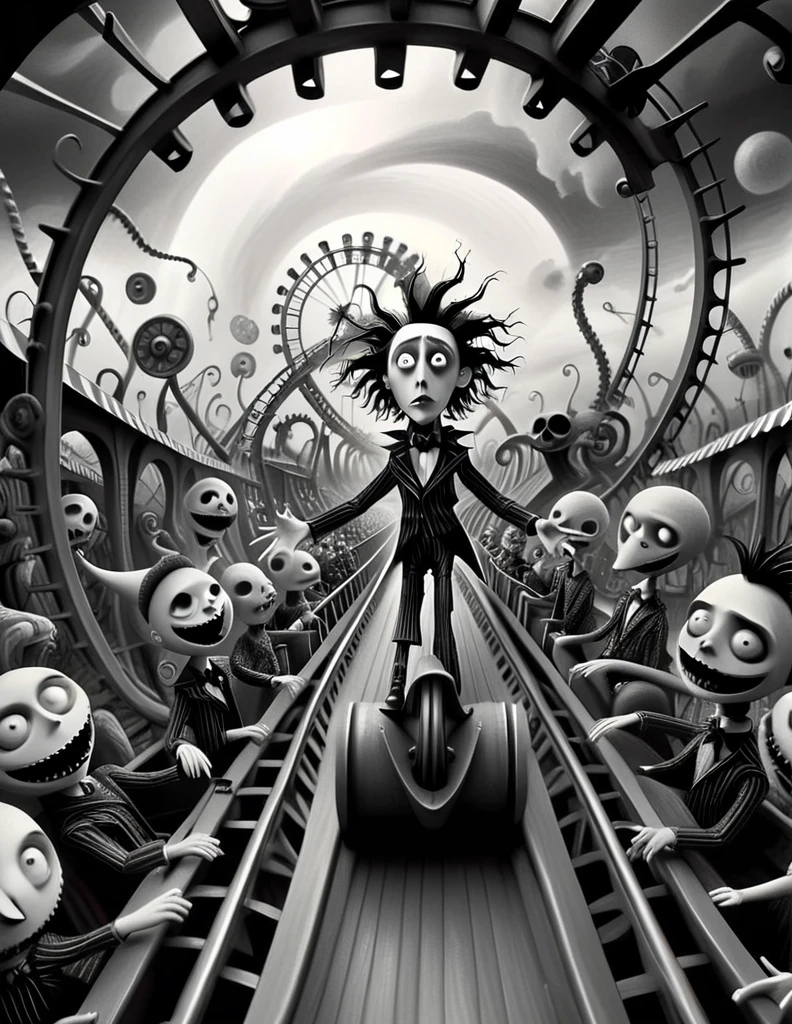 monochrome (pencil scektch:1.1),In a Tim Burton-esque carnival of the bizarre, a rollercoaster twists and turns in impossible angles, defying the laws of physics. Onboard, peculiarly dressed riders wear outfits adorned with mind-bending geometry patterns. As the rollercoaster zooms through loops and corkscrews, the patterns seem to morph and dance, creating a psychedelic spectacle that blurs the line between reality and delirium.,(hand drawn with pencil:1.15), (tim burton style:1.27), ,