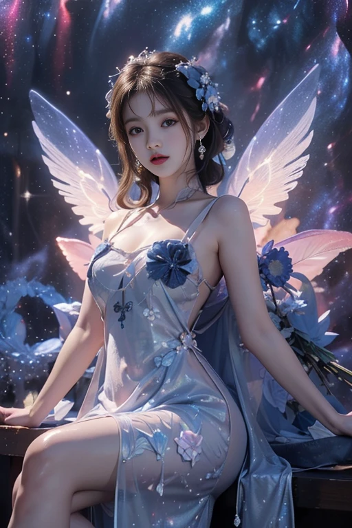 4k ultra hd, masterpiece, a girl, good face, detailed eyes, detailed lips, flower fairy girl, big wings, transparent wings, neon lights, (galaxy background:1.5), (flower dress:1.8), (indigo dress:1.5), in the heaven, sitting,