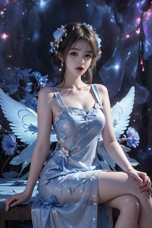 4k ultra hd, masterpiece, a girl, good face, detailed eyes, detailed lips, flower fairy girl, big wings, transparent wings, neon lights, (galaxy background:1.5), (flower dress:1.8), (indigo dress:1.5), in the heaven, sitting,