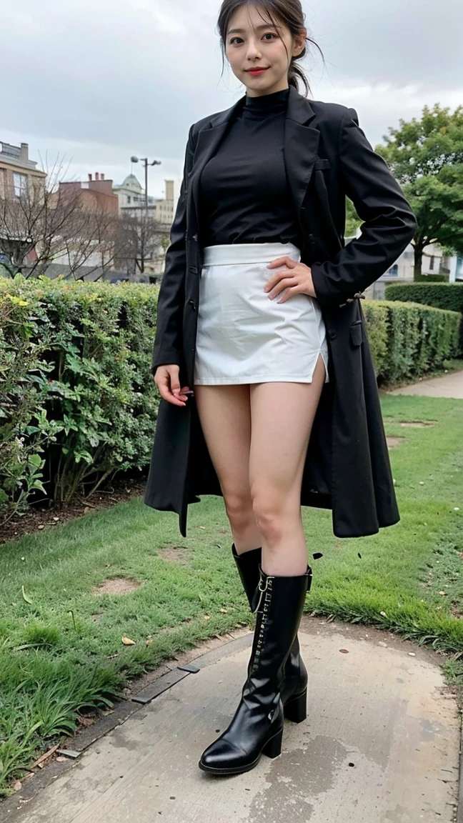 (8K、RAW Photos、Highest quality、masterpiece:1.2)、(Realistic、Realistic)、1 Girl、((Black coat、one piece、Black mini skirt、boots、Big Breasts、whole body、garden、View from the front、Looking into the camera、Stand with one hand on your hip))、