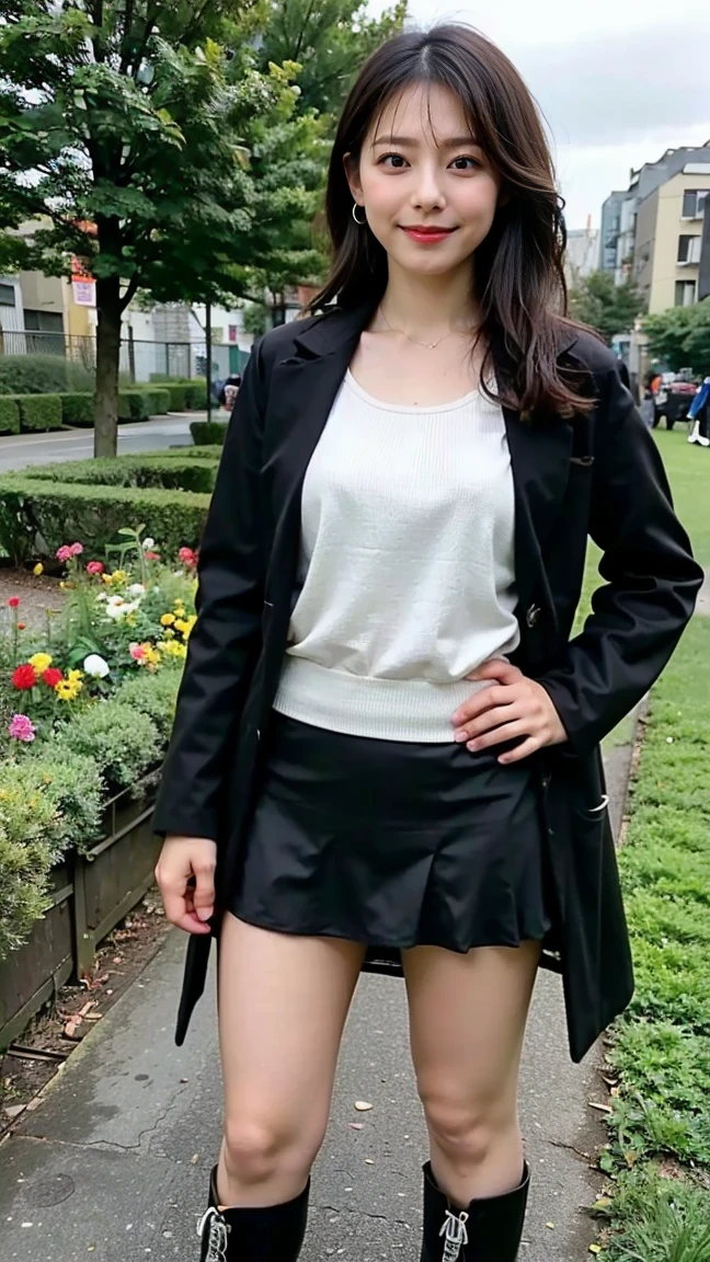 (8K、RAW Photos、Highest quality、masterpiece:1.2)、(Realistic、Realistic)、1 Girl、((Black coat、one piece、Black mini skirt、boots、、whole body、garden、View from the front、Looking into the camera、Stand with one hand on your hip))、
