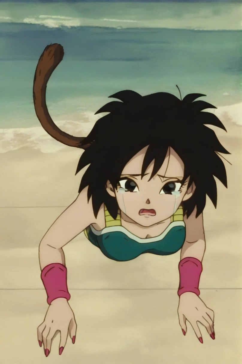 fountain_cheered up, score_9,score_8_above, score_7_above, ginedb, cheered up screencap,
1 girl, Alone, old, looking at the viewer, Open mouth, evening, black fur, sand, bare shoulders, medium old, clavicle, aboveper body, dientes, black eyes, tearing above, nails, eyelashes, pink wristband, d:, saiyajin armadura, green skirt, Eyebrows, green saiyajin armadura, Moonlight, sexy butt, backwards