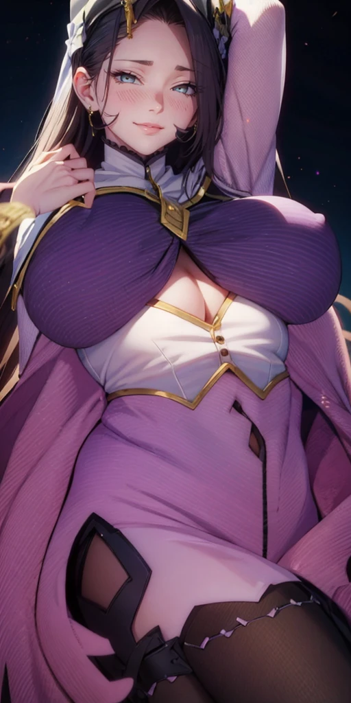 1girl, parted bangs, breasts, long_hair, blush, solo, large_breasts, covered_, looking_at_viewer, nun, smile, purple_hair, navel, animal_ears, cape, covered_navel, arm_behind_head, 