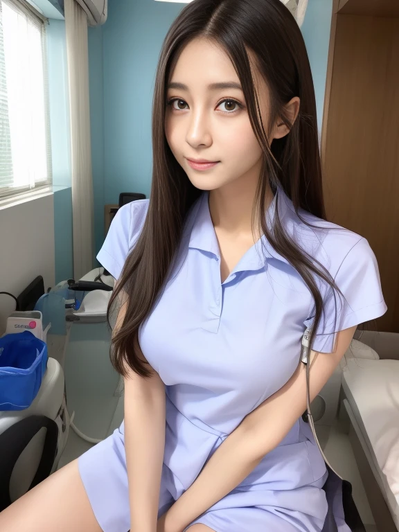 high quality、Realistic、High resolution、8k wallpaper、Full body photo、Alluring、girl、Beauty、Beauty、nurse、nurse、ピンク色のnurse服、AA cup breasts、Small breasts、Small breasts、Long Hair、Hospital room