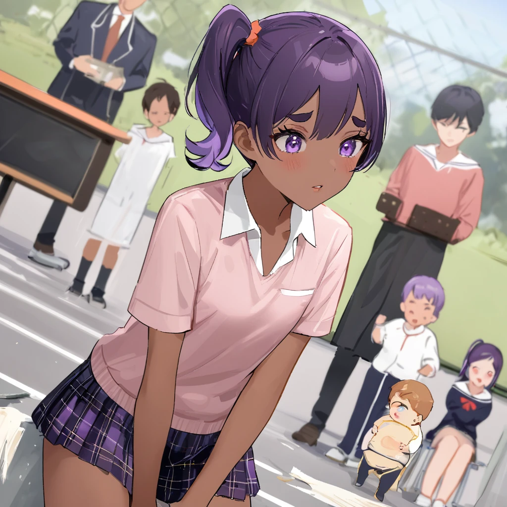 work of art, best qualityer, extremely detaild,dutch angle, アニメ,Suéter schoolyardr grande、plaid plaid skirt,skin tanned,15year old ,dark skin tiny body,smallbreast,baby face,hand between legs,break,multicolored dark purple hair,side ponytail,short hair with long highlights,break,Eyes red,thick eyebrow,unexpressive,Detailed lips,False eyelashes,break,red cotton ribbon,break,break,microskirt,break,schoolyard
