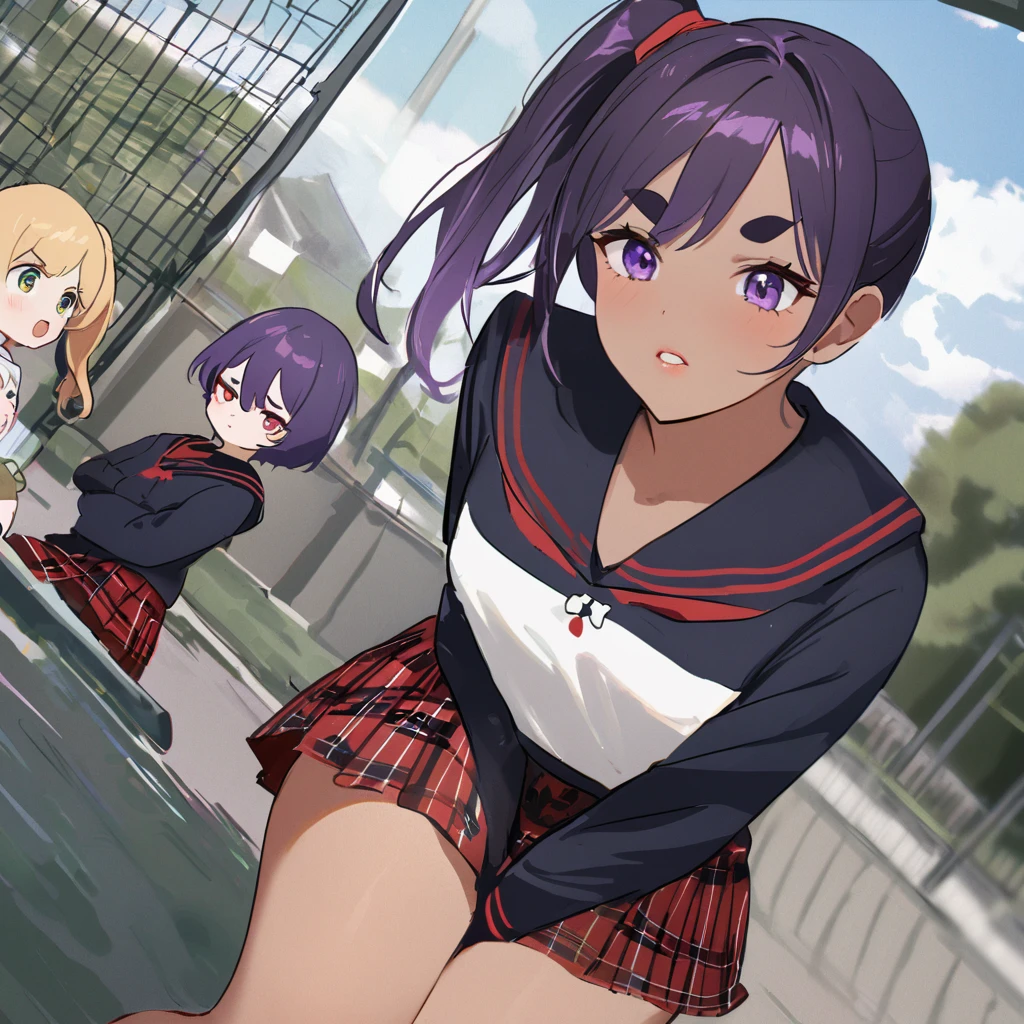 work of art, best qualityer, extremely detaild,dutch angle, アニメ,Suéter schoolyardr grande、plaid plaid skirt,skin tanned,15year old ,dark skin tiny body,smallbreast,baby face,hand between legs,break,multicolored dark purple hair,side ponytail,short hair with long highlights,break,Eyes red,thick eyebrow,unexpressive,Detailed lips,False eyelashes,break,red cotton ribbon,break,break,microskirt,break,schoolyard