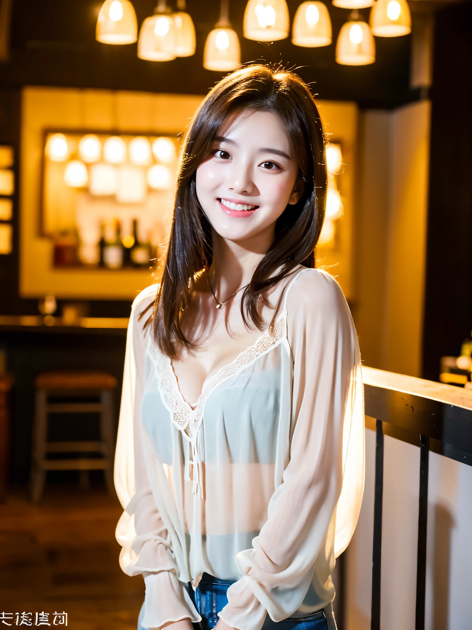 A 20-year-old woman with a very cute face like a 15-year-old idol Smiling Kindly (((Whole body))) (((Full body portrait))) Sheer blouse Medium Bust Cleavage Stylish evening wine bar Cinema lighting Natural light Artistic High level of artistry RAW Photos Genuine High quality that is indistinguishable from real life Real Stick High resolution