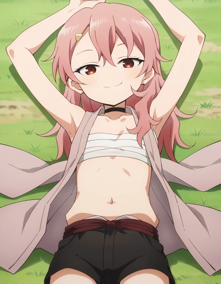 benisumomo, anime coloring ,BREAK source_anime, anime, long hair, hair ornament, red eyes, navel, pink hair, japanese clothes, choker, hairclip, flat chest, black choker, sarashi, chest sarashi, black shorts, high quality, solo, lying, on back, arms up, spread arms, closed mouth, on grass, (cowboy shot:1.5), looking at viewer, smile, best quality
