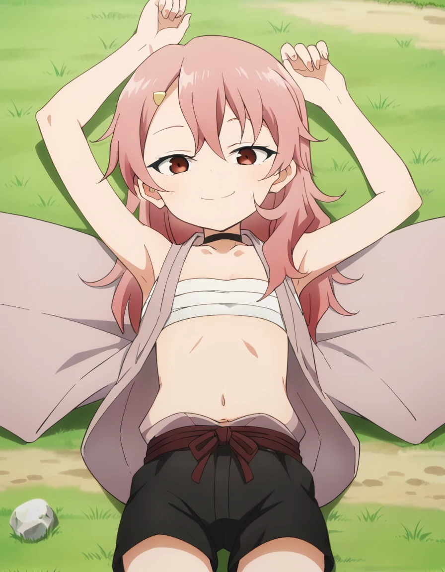 benisumomo, anime coloring ,BREAK source_anime, anime, long hair, hair ornament, red eyes, navel, pink hair, japanese clothes, choker, hairclip, flat chest, black choker, sarashi, chest sarashi, black shorts, high quality, solo, lying, on back, arms up, spread arms, closed mouth, on grass, (cowboy shot:1.5), looking at viewer, smile, best quality