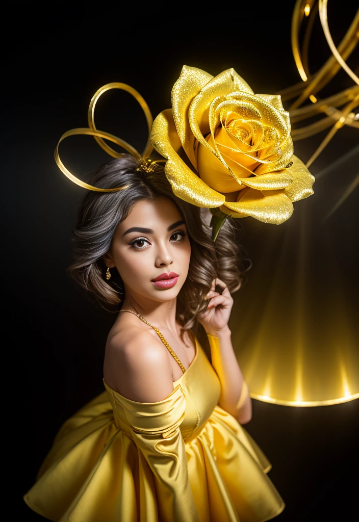 
Create a bud of dark gray and gold roses filled with yellow light emanating all around
