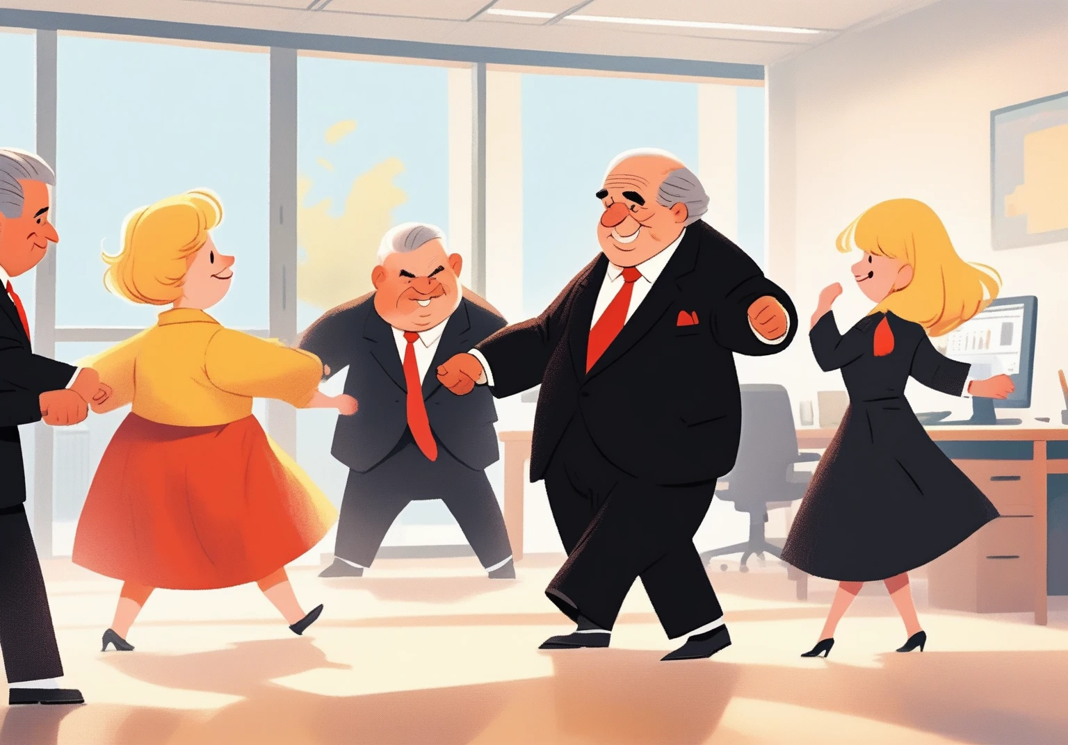 ren's picture books,crayon paintings, blushes, 1 old man, fat, mafia boss, in black suite, red tie, side view, dancing with his blond wife in the office