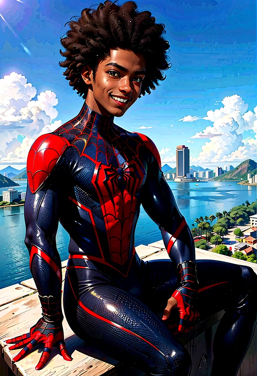 young 25 years old Miles Morales , standing alone, black boy, might, pretentious smile,, gazing at viewer, black afro hair, greeneyes, Miles Morales Spider-Man Costume , pampas scenery Rio Grande do Sul, blue sky, sitting position playing video games